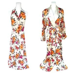 Victoria's Secret  VINTAGE NEW Floral Orange Pink Satin Robe Night Gown SET XS/S